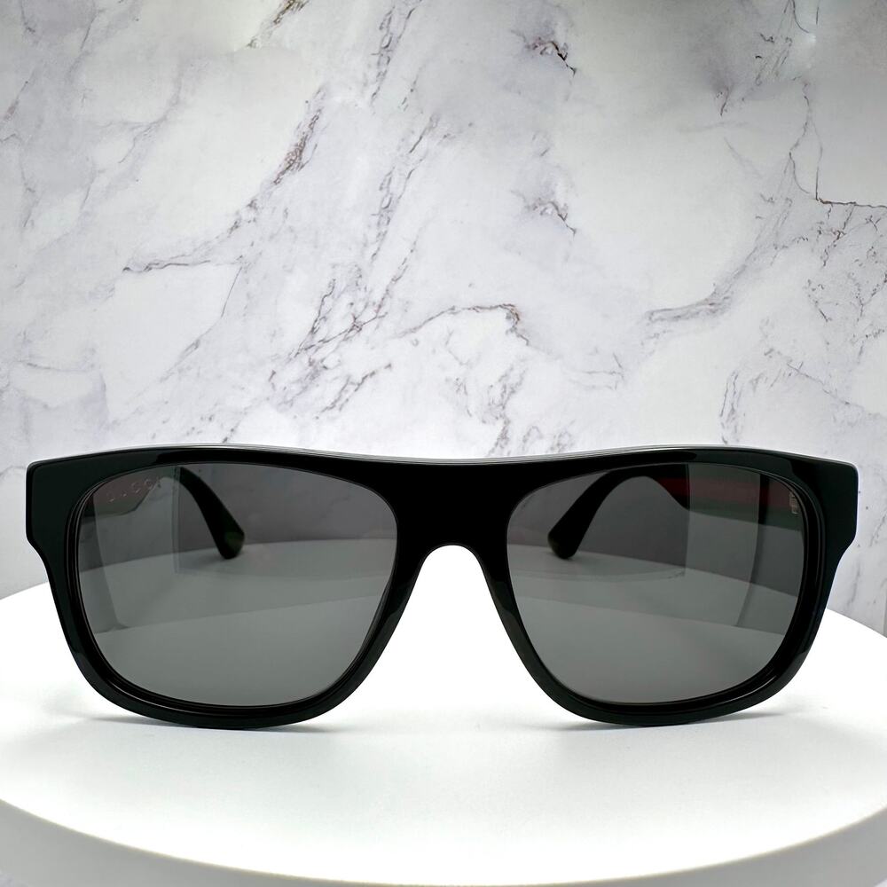 New Gucci Sunglasses Polarized Black Square Red Green Web Arms 56mm Gray Lens - Picture 5 of 15